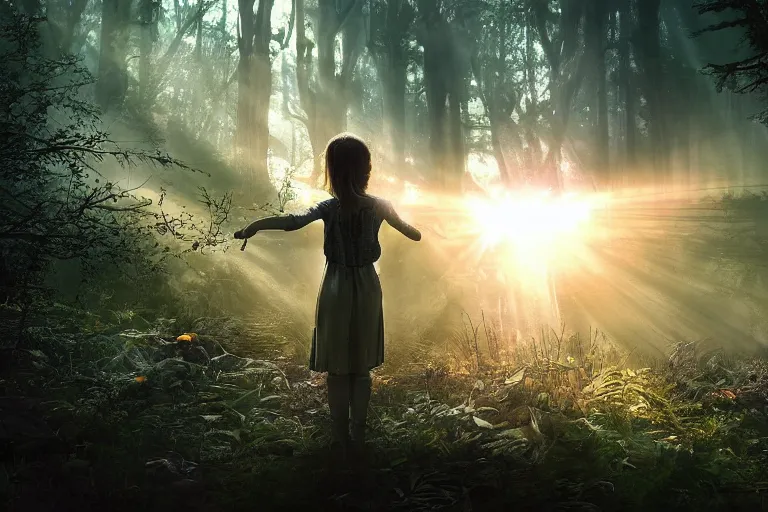 Image similar to the great beyond, sci - fi scene future new york, little girl holding a hand of a big robot, forest punk, crepuscular rays, epic scene, hyper realistic, photo realistic, overgrowth, cinematic atmosphere, ethereal lighting