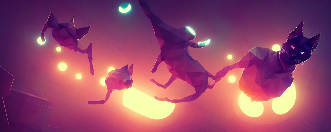 Image similar to duotone noir scifi concept illustration of lowpoly cats floating zero gravity glowing 3 d mesh portals futuristic, glowing eyes, octane render, surreal atmosphere, volumetric lighting. golden ratio by sachin teng and sergey kolesov and ruan jia and heng z. graffiti art, scifi, fantasy, hyper detailed. trending on artstation