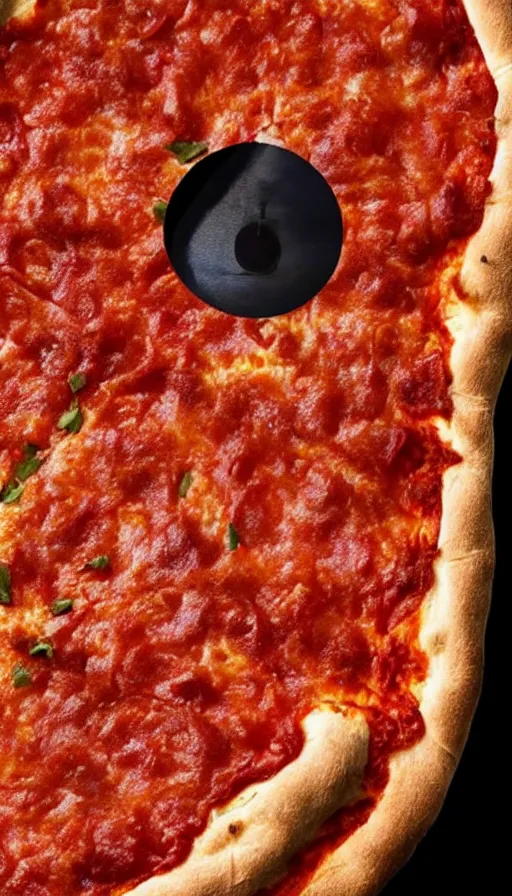 Image similar to the eye of sauron is being used to advertise the new deep dish pizza from little caesars. 4 k, hyperrealistic, surrealcore, high detail