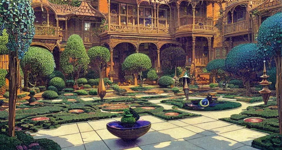 Prompt: a luxurious scifi futuristic victorian garden courtyard by robert mccall, moebius
