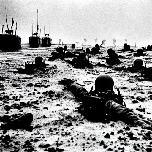 Image similar to Elmo storming the beach of Normandy in 1944, D-Day, black and white photo, grainy