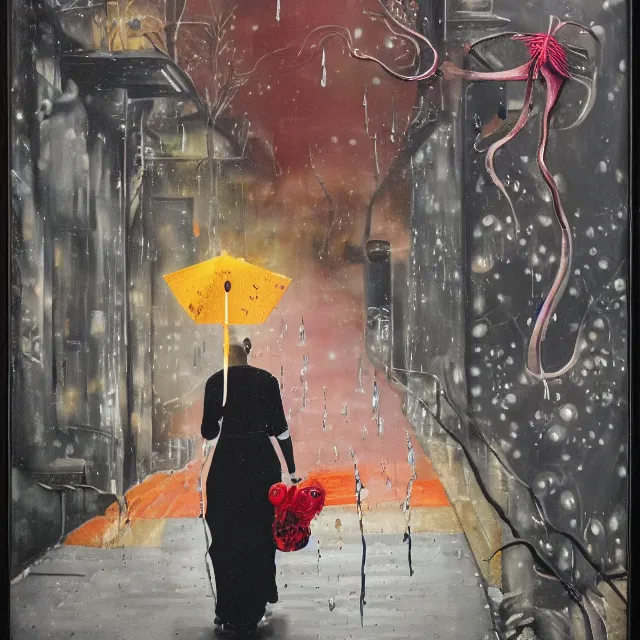 Image similar to a portrait in a dark laneway, a woman holding pancakes, streetlamps, rain, berries dripping, scientific instruments, ikebana, octopus, neo - expressionism, surrealism, acrylic and spray paint and oilstick on canvas