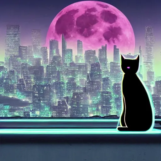 Prompt: fluffy black cat on a roof watching the full moon over a futuristic city plenty of neons at night, digital art, high contrast, vibrant, art by Artgerm