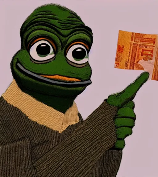 Prompt: pepe eating money, realistic, frame from the movie, in a suite