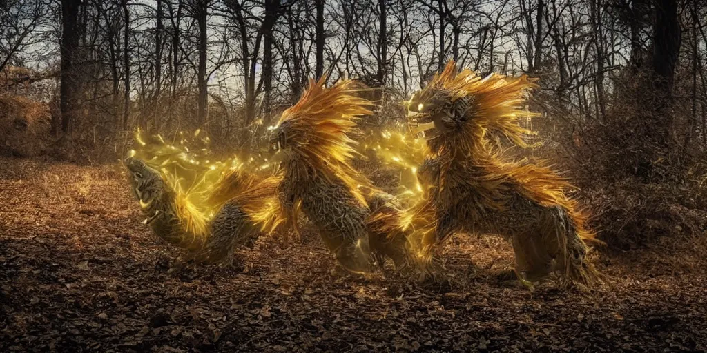 Image similar to photo of real life pokemons, creepy!!!, scaly!!!, gritty!!!, menacing!!!, evil, ultra realistic, gritty, winter, golden hour, volumetric lighting, sharp focus