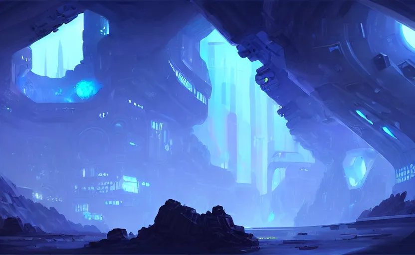 Image similar to futuristic factory in a dark cave, blue crystals, halo, star craft, concept art, mate painting, artstation frank hong