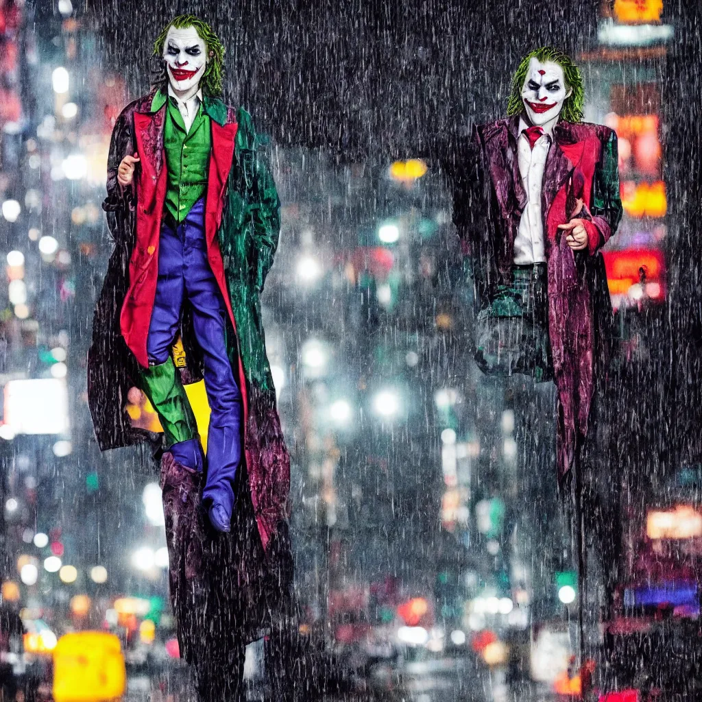 Prompt: night flash portrait photography of the joker on the lower east side by annie leibovitz, colorful!!, nighttime!, raining!