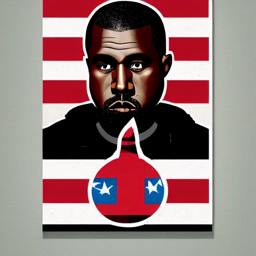 Image similar to Russian Propaganda Soviet illustrated poster of Kanye West as President standing in front of a USA America flag