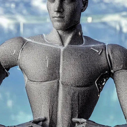 Prompt: a realistic detailed photo of a guy who is an attractive humanoid who is half robot and half humanoid, who is a male android, soccer player martin ødegaard, shiny skin, posing like a statue, blank stare, by the pool, on display, showing off his muscles, humanoid robot, frozen ice statue, made of ice