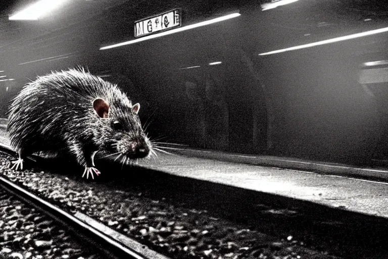 Image similar to very large giant mutant zombie irradiated ( angry rat ) staying on railways in tonnel of moscow subway. tonnel, railways, giant angry rat, furr, fangs, claws, very realistic. fog, extreme long shot, herman nitsch, giger.