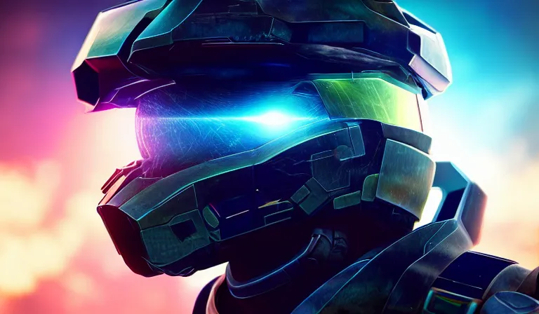 Image similar to cyberpunk halo helmet floating in space with reflections, epic, dramatic, photorealistic, award winning, 8k,