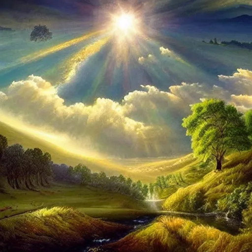 Prompt: a royal landscape, sumptuous, outstanding beauty, hills trees, stream, clouds, birds, sun rays, dramatic, ecstatic, surrealism