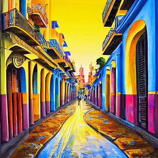 Prompt: art nouveau painting of streets of Havana, Cuba, colorful, beautiful, diverse, golden hour