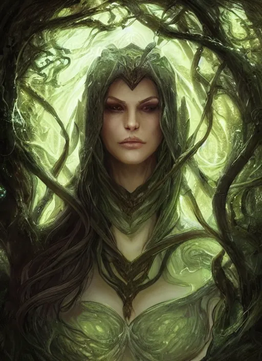 Prompt: vraska, nissa, voice of alabaster, a powerful and beautiful gorgon elf planeswalker in a forest, intricate, elegant, sharp focus, illustration, highly detailed, digital painting, concept art, matte, headshot, portrait, art by wlop and artgerm and greg rutkowski, magali villeneuve