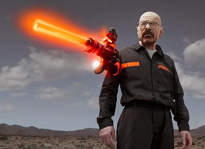 Prompt: film still of Walter White as Gordan Freeman wearing a black HEV suit with a glowing orange black mesa logo in front holding a gravity gun in the Half Life Movie, 4k