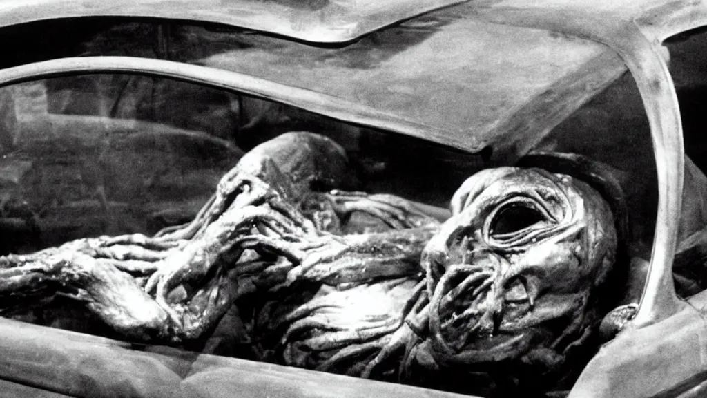 Image similar to the creature sits in a car, view of the car, made of wax and metal, film still from the movie directed by David Cronenberg with art direction by Salvador Dalí, wide lens