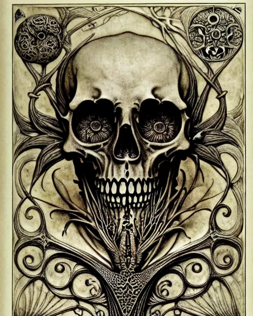 Image similar to memento mori by arthur rackham, art forms of nature by ernst haeckel, exquisitely detailed, art nouveau, gothic, ornately carved beautiful skull dominant, intricately carved antique bone, art nouveau botanicals, ornamental bone carvings, art forms of nature by ernst haeckel, horizontal symmetry, arthur rackham, ernst haeckel