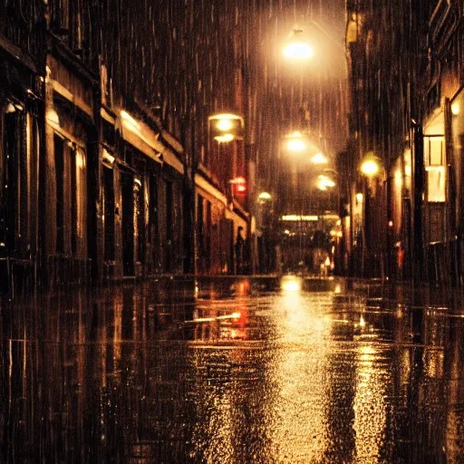 Prompt: Photograph of the city street, night time, dark, raining, f/5.6