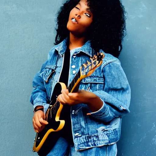 Prompt: 19-year-old black girl, African American girl, with long shaggy black hair, afro hair, wearing denim jacket and bell-bottom jeans, playing electric guitar, stoner metal concert, heavy blues rock, doom metal, 30mm photography