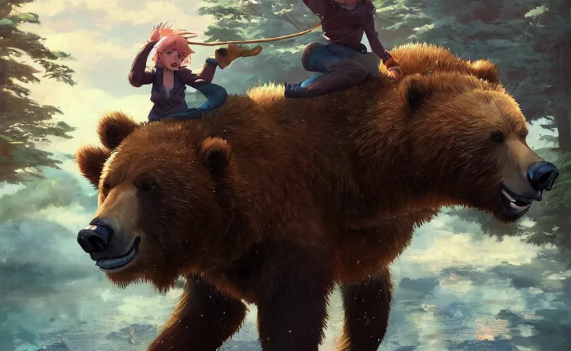 Image similar to a girl riding a grizzly bear, full shot, atmospheric lighting, detailed faces, by makoto shinkai, stanley artgerm lau, wlop, rossdraws