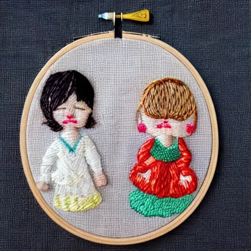 Image similar to a tiny beautiful handmade embroidery of two siblings, an older sister with curly brown hair and a younger brother with straight blonde hair. hand embroidery.