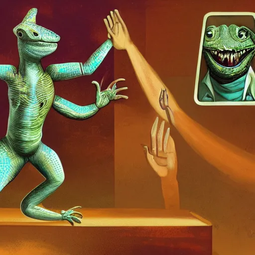 Prompt: A lizard person shaking hands with a religious icon, concept art