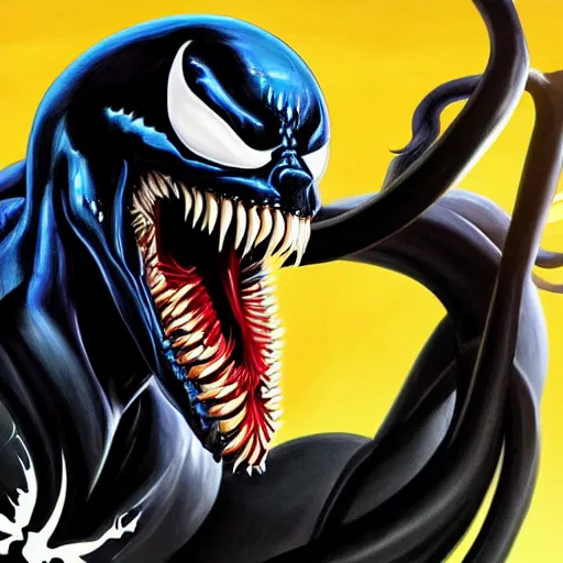 Prompt: venom as a good hero, hyper detailed masterpiece, digital art painting, hyper realism aesthetic