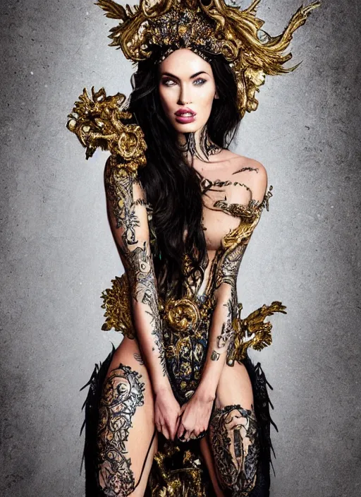 Image similar to a portrait of megan fox by stefan geselle and nekro borja, photorealistic, intricate details, hyper realistic, fantasy, elegant, baroque gold headpiece, photorealistic, canon r 3, photography, wide shot, symmetrical features, symmetrical pose, wide angle shot, head to toe, standing pose, feet on the ground, wearable art