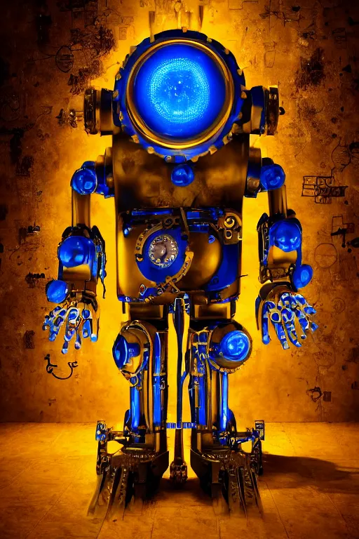 Image similar to portrait photo of a giant huge golden and blue metal steampunk robot with gears and tubes, robot is a vaccuumcleaner, on the wet floor are mop and bucket, eyes are glowing red lightbulbs, shiny crisp finish, 3 d render, 8 k, insaneley detailed, fluorescent colors, background is multicolored lasershow