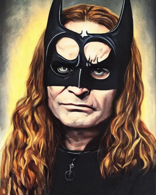 Image similar to portrait of Ozzy Osbourne as batman, art by Carel Fabritius