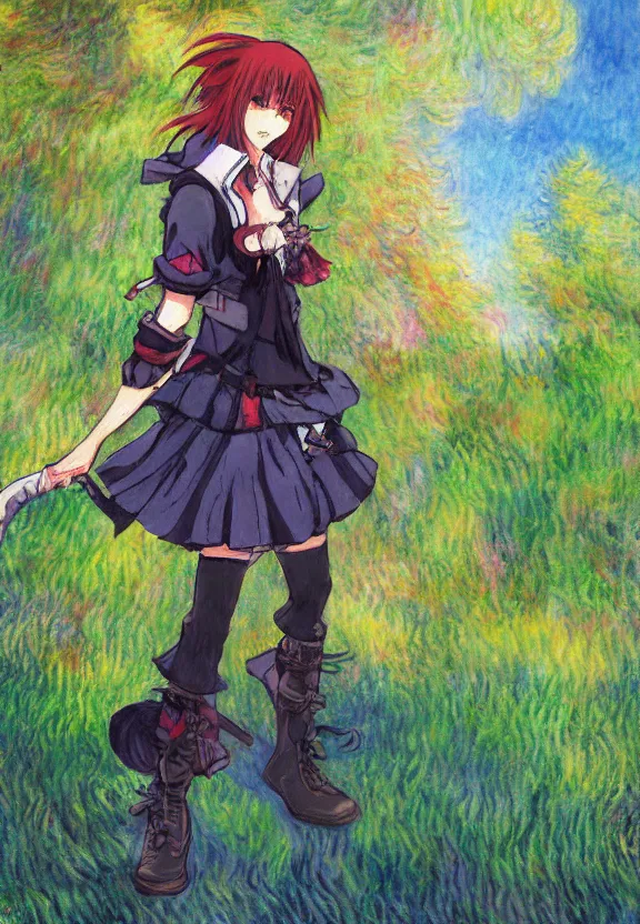 Image similar to wide angle painting of a teenage pirate girl, a thrifty uniform, somewhat of an anime in impressionist style, fantasy forest background, trending artwork, illustrated in anime painter studio, by claude monet and an anime artist, collaboration