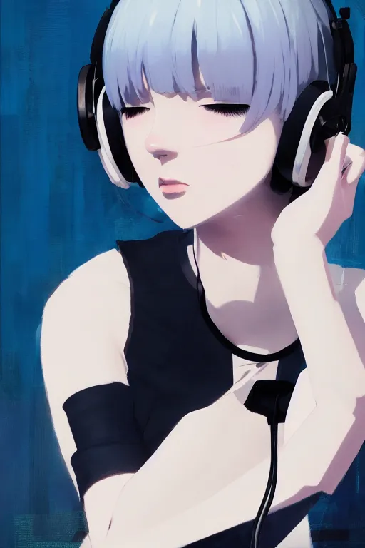 Prompt: a cute young woman listening to music with her eyes closed and wearing headphones, white bob cut hair, cyberpunk setting, e-girl, blue and white, soft lighting, atmospheric, cinematic, moody, in the style of Ilya Kuvshinov and Range Murata, Krenz Cushart, oil on canvas, 8k