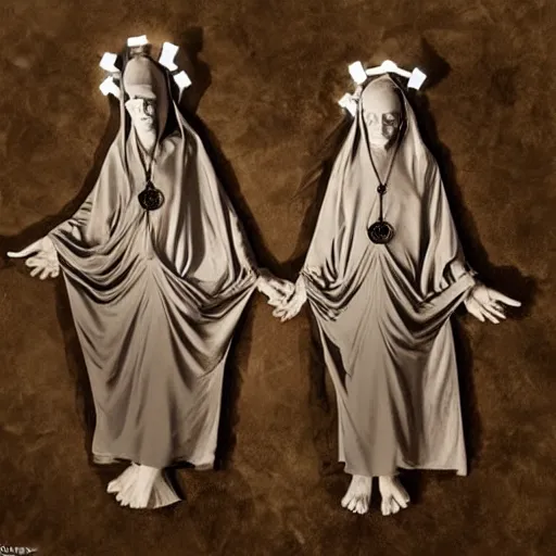 Image similar to award winning photo Floating twin nuns wearing pentgram necklace, Very long arms, in a sanctuary, eerie, frightening —width 1024 —height 1024