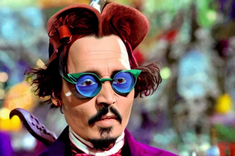 Prompt: johnny depp as a character in tim burton's willy wonka's chocolate factory movie, all faces are distorted contorted, shock, repulsion, disgust, annoyance, cinematic still, movie still, long lens, shallow depth of field, bokeh, anamorphic lens flare, 8 k