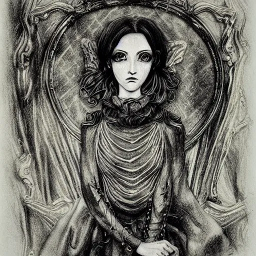 Prompt: 'A vintage photo, victoriana, bw, creepy, atmospheric 'The golden face of sadness' description 'Hermetic Order of the occult princess' portrait, character design, worn, dark, manga style, extremely high detail, photo realistic, pen and ink, intricate line drawings, by MC Escher,  Junji Ito, Yoshitaka Amano, Ruan Jia, Kentaro Miura,