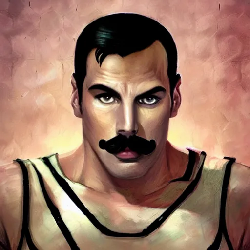 Prompt: portrait of a very buff freddie mercury playing super mario brother in team fortress 2 style, epic, tragic, military art, fantasy, dieselpunk, hd shot, digital portrait, beautiful, artstation, comic style, by artgerm, guy denning, jakub rozalski, magali villeneuve and charlie bowater