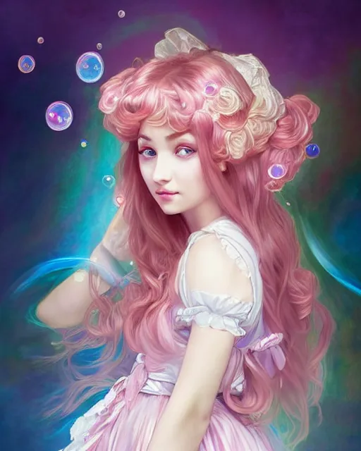 Image similar to portrait of magical lolita girl, dreamy and ethereal, expressive pose, big blue eyes, exciting expression, fantasy, intricate, elegant, many rainbow bubbles, rose tones, highly detailed, digital painting, artstation, concept art, cyberpunk wearing, smooth, sharp focus, illustration, art by artgerm and greg rutkowskiand alphonse mucha