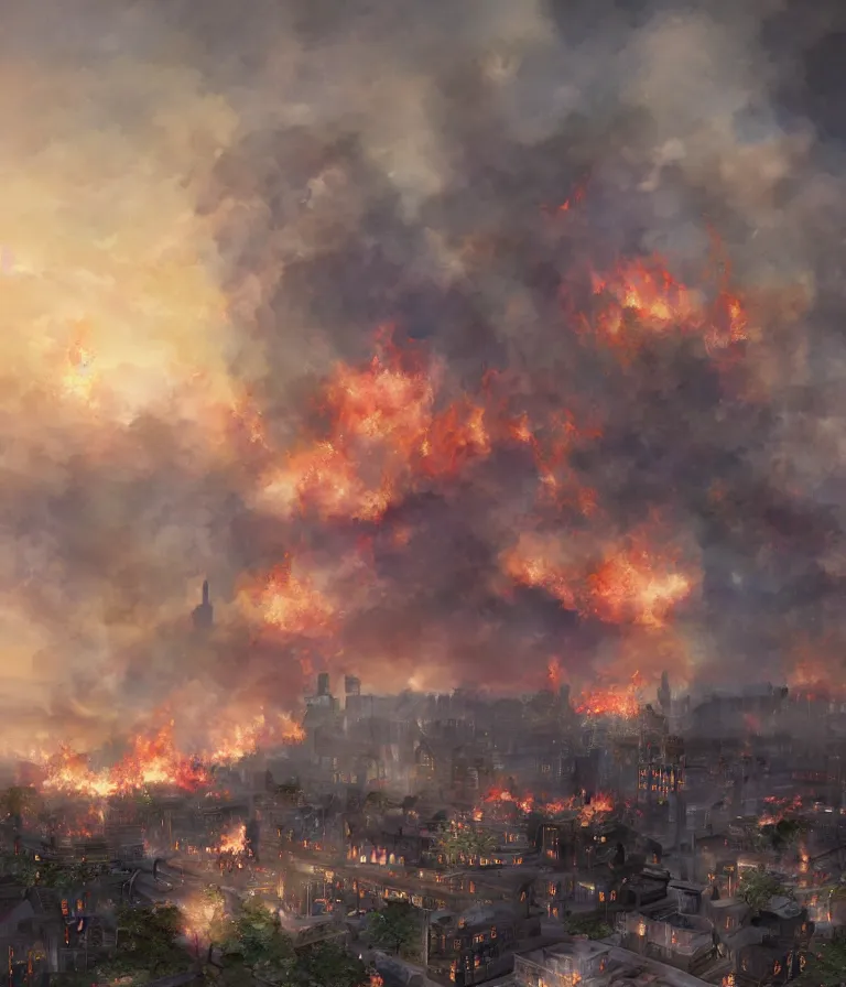 Prompt: a beautiful hyperrealistic detailed 3D render of manchester burning, by Anton Otto Fischer, Atey Ghailan, genzoman, unreal engine, octane render, gigantic, 3D, brilliantly coloured, intricate, ultra wide angle, trending on artstation, embers, smoke, dust, dusk, volumetric lighting, HDR, polished, micro details, ray tracing, 8k