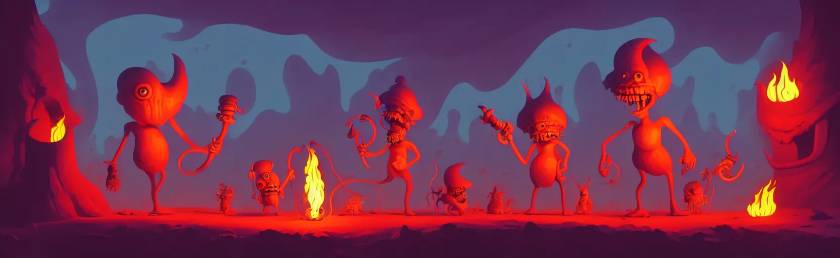 Prompt: uncanny whimsical savage mutants from the depths of a vast wasteland in the collective unconscious, dramatic lighting from fiery torches, surreal fleischer cartoon characters, shallow dof, surreal painting by ronny khalil and bosch