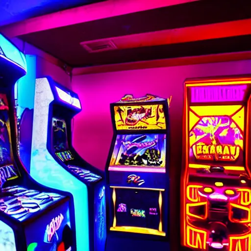 Image similar to video game arcades, synthwave, Retrowave