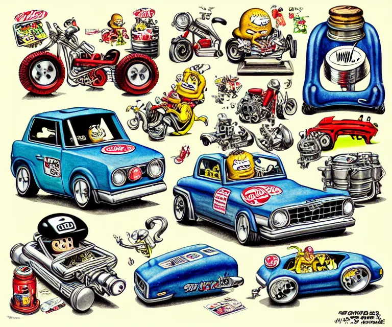 Prompt: cute and funny, salt and pepper, wearing a helmet, driving a hotrod, oversized enginee, ratfink style by ed roth, roth's drag nut fuel, centered award winning watercolor pen illustration, isometric illustration by chihiro iwasaki, the artwork of r. crumb and his cheap suit, cult - classic - comic,