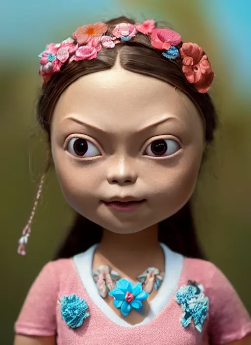 Image similar to closeup face profile portrait of tin toy greta thunberg as a bikini model eating cakes, depth of field, zeiss lens, detailed, symmetrical, centered, fashion photoshoot, by nicoletta ceccoli, mark ryden, lostfish, breathtaking, 8 k resolution, extremely detailed, beautiful, establishing shot, artistic, hyperrealistic, octane render