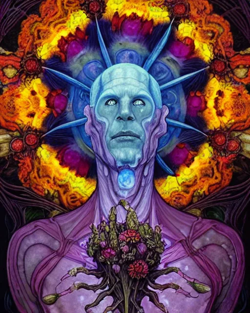 Image similar to the platonic ideal of flowers, rotting, insects and praying of cletus kasady carnage thanos nazgul doctor manhattan chtulu mandelbulb howl's moving castle mandala davinci heavy rain the witcher, d & d, fantasy, ego death, decay, dmt, psilocybin, art by artgerm and greg rutkowski and alphonse mucha