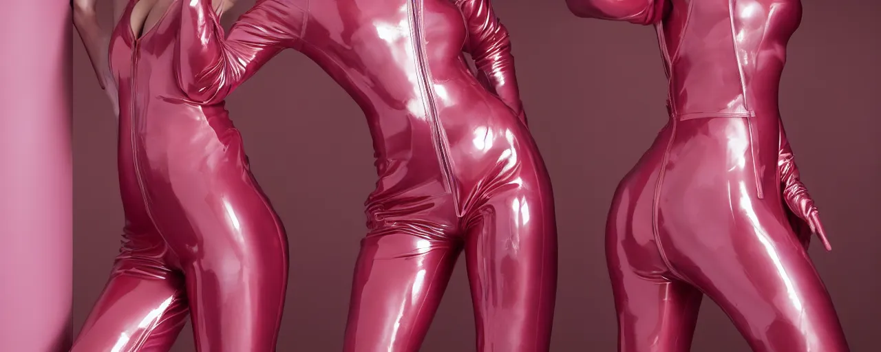 Prompt: female model in highly shiny pink latex catsuit, photorealistic details, 8k cinematic, portrait shot, Jamie Nelson photography, bokeh