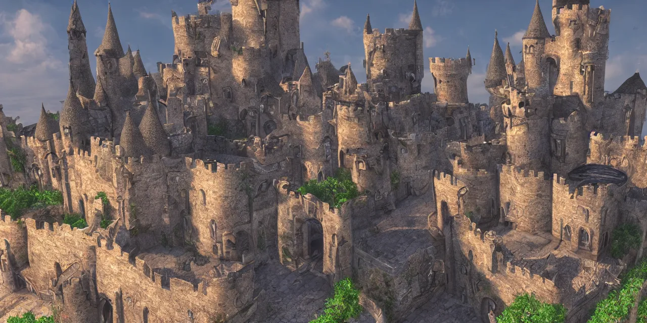 Image similar to unreal engine 5 gbuffer depth and pixar quality caricatures dragon and castle