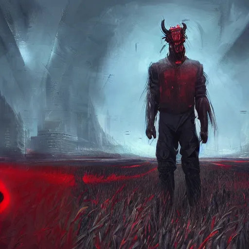 Prompt: a demonic looking man standing in the middle of a field, red color pallete, cyberpunk art by aleksi briclot, trending on artstation, antipodeans, concept art, artstation hd, dystopian art