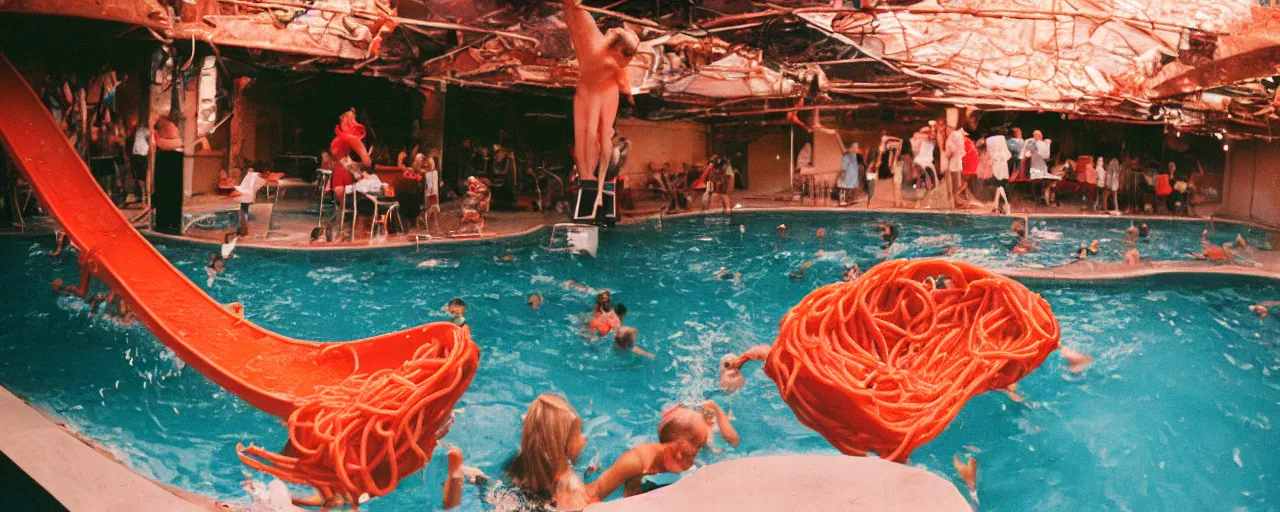 Prompt: a pool filled with spaghetti, marinara sauce coming down a slide, party, canon 5 0 mm, cinematic lighting, photography, retro, film, kodachrome