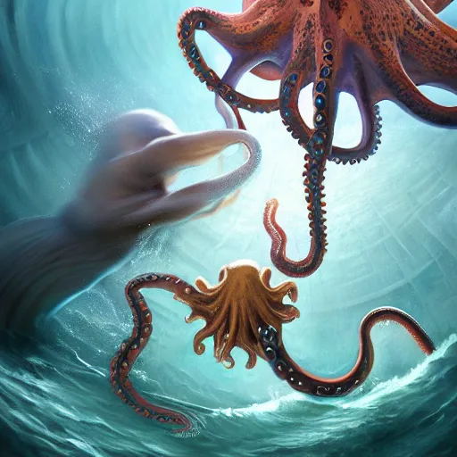 Image similar to a dream fantasy painting of a octopus attack a man in the deep of the ocean, by beksinki, antonio j. manzanedopro greg rutkowski, carne griffith trending on artstation, deviantart, photorealism