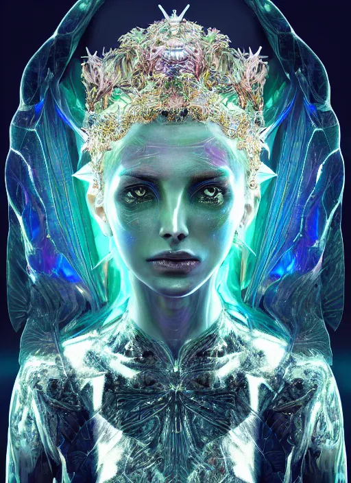 Image similar to a hybrid humanoid androgyne muse with recursively horned wing crown attached to side of xenopunk head, concept art, sculpted iridescent optical mineralogy features, intricate detail, holographic, pixel sorting, style by James Jean, circuitry, organic detail, asymmetry, cinematic, epic wide shot, ultra detailed, artstation, sharp focus,smooth, cinematic lighting, cinematic detail, composition, photorealistic, render in unreal engine 5, golden ratio, 8k render