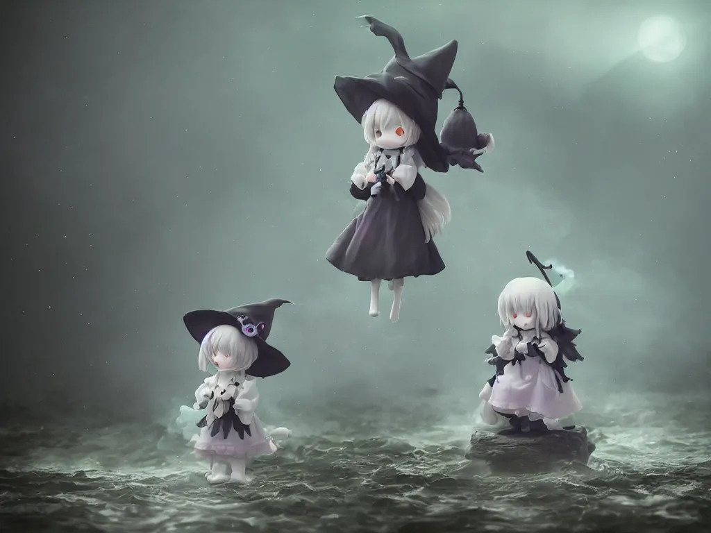 Image similar to cute fumo plush girl witch on a tiny island surrounded by murky river water, river styx, cursed otherworldly chibi gothic horror wraith maiden, lost in the milky void, hazy heavy magical glowing swirling murky volumetric fog and smoke, moonglow, lens flare, vray